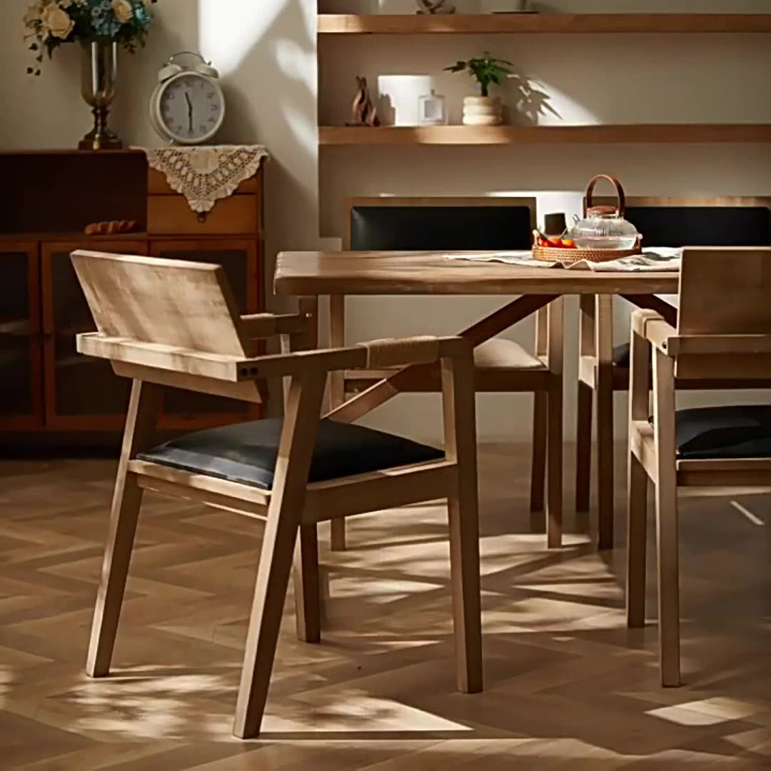 Contemporary Boho Rectangular Rubberwood Multilayer Board PU Leather Sponge Dining Chair Backrest Armrest For Dining Room &amp; Kitchen