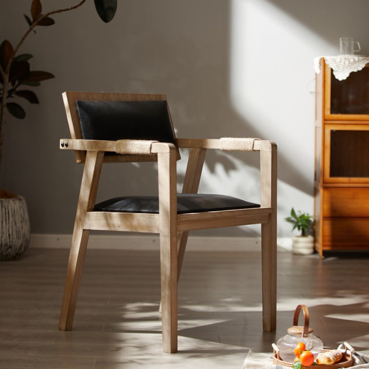 Contemporary Boho Rectangular Rubberwood Multilayer Board PU Leather Sponge Dining Chair Backrest Armrest For Dining Room &amp; Kitchen