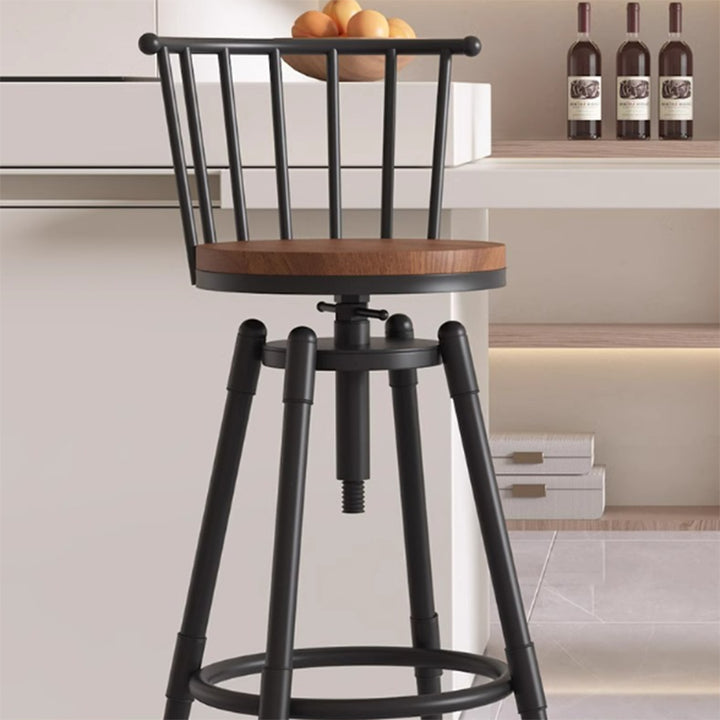 Contemporary Industrial Wood Iron Fabric PU Leather Round Backrest Armless Liftable Bar Stool For Dining Room &amp; Kitchen