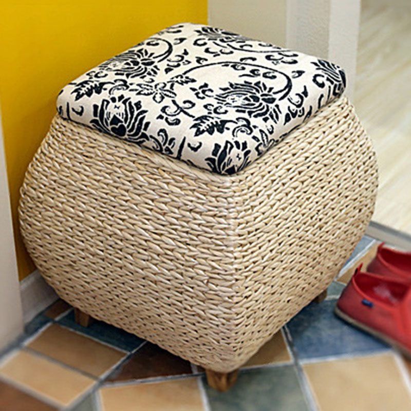Traditional Farmhouse Fabric Wood Stainless Steel Paper Vine Square Imitation Rattan Weaving Low Stool Armless For Entryways