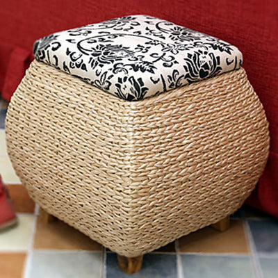 Traditional Farmhouse Fabric Wood Stainless Steel Paper Vine Square Imitation Rattan Weaving Low Stool Armless For Entryways
