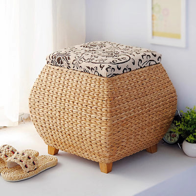 Traditional Farmhouse Fabric Wood Stainless Steel Paper Vine Square Imitation Rattan Weaving Low Stool Armless For Entryways