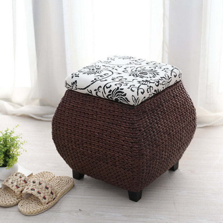 Traditional Farmhouse Fabric Wood Stainless Steel Paper Vine Square Imitation Rattan Weaving Low Stool Armless For Entryways