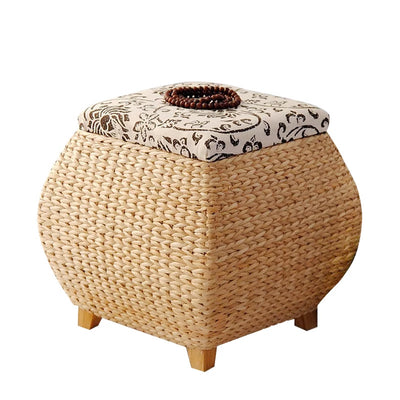 Traditional Farmhouse Fabric Wood Stainless Steel Paper Vine Square Imitation Rattan Weaving Low Stool Armless For Entryways