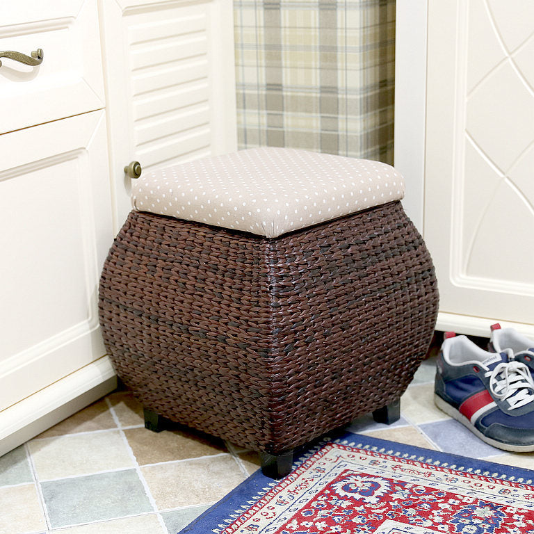 Traditional Farmhouse Fabric Wood Stainless Steel Paper Vine Square Imitation Rattan Weaving Low Stool Armless For Entryways