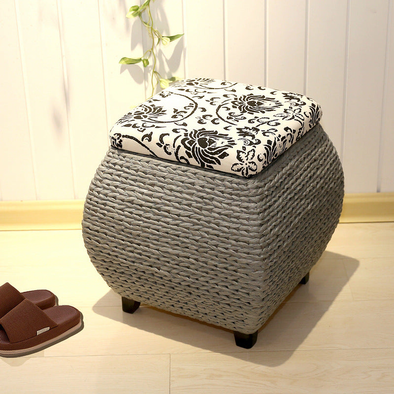 Traditional Farmhouse Fabric Wood Stainless Steel Paper Vine Square Imitation Rattan Weaving Low Stool Armless For Entryways