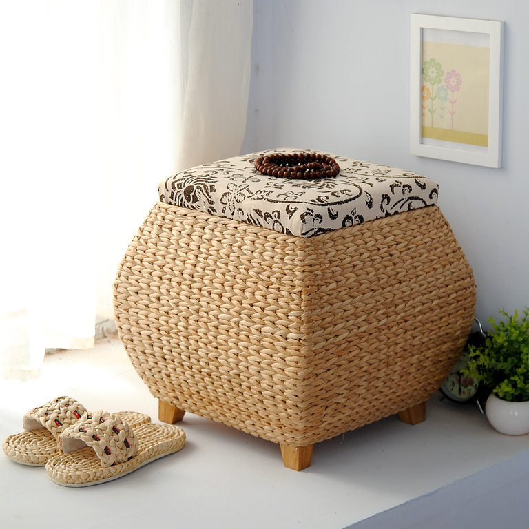 Traditional Farmhouse Fabric Wood Stainless Steel Paper Vine Square Imitation Rattan Weaving Low Stool Armless For Entryways