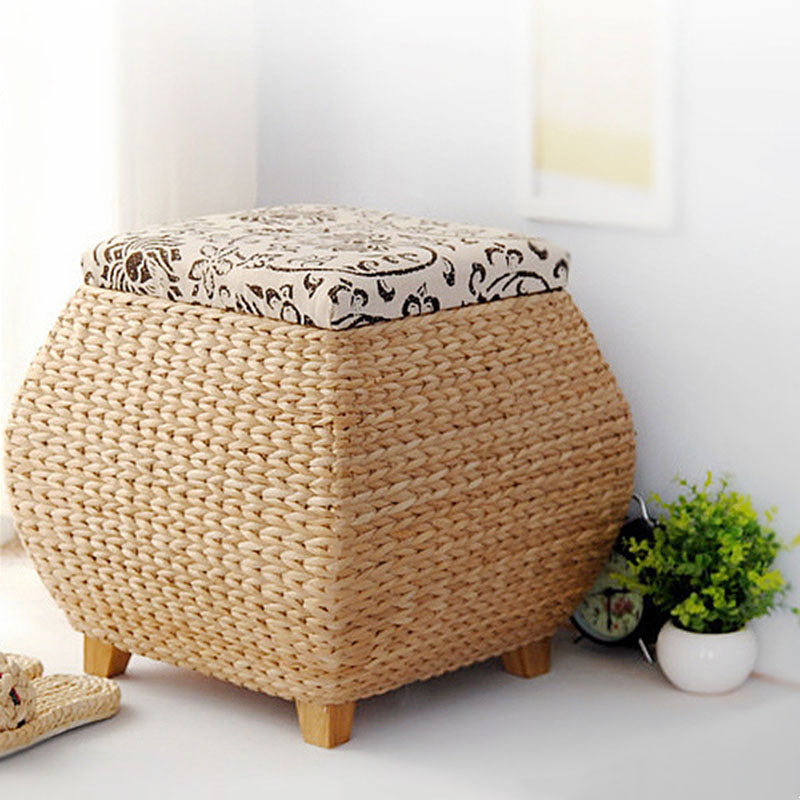 Traditional Farmhouse Fabric Wood Stainless Steel Paper Vine Square Imitation Rattan Weaving Low Stool Armless For Entryways