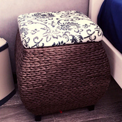 Traditional Farmhouse Fabric Wood Stainless Steel Paper Vine Square Imitation Rattan Weaving Low Stool Armless For Entryways