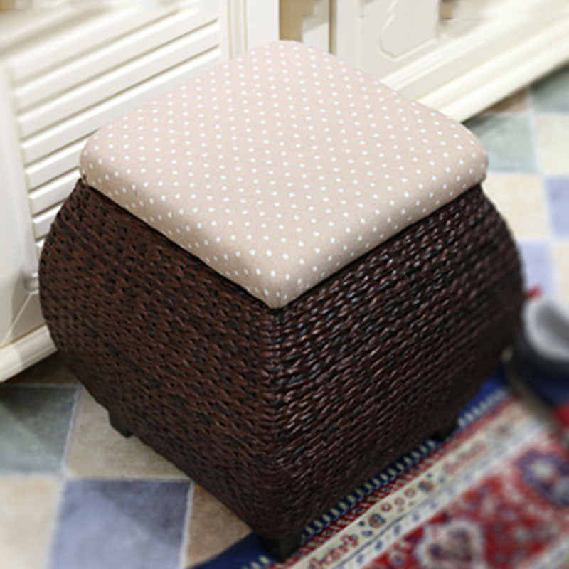 Traditional Farmhouse Fabric Wood Stainless Steel Paper Vine Square Imitation Rattan Weaving Low Stool Armless For Entryways