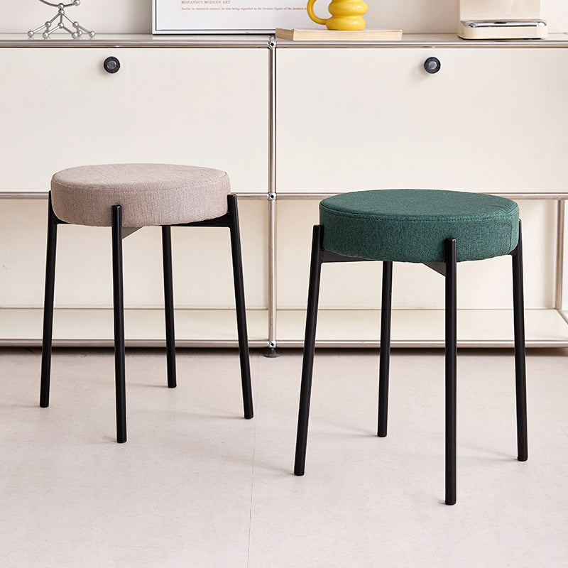 Contemporary Scandinavian Iron Cotton Linen Round Vanity Stool Armless For Bedroom
