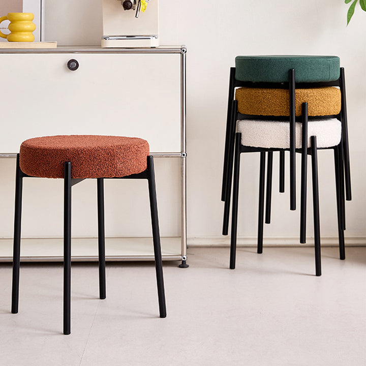 Contemporary Scandinavian Iron Cotton Linen Round Vanity Stool Armless For Bedroom