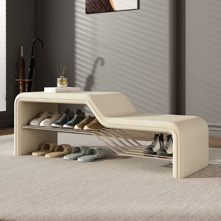 Moderne minimalistische Schuhbank aus Schwamm, Kunstleder, Massivholz und Metall, rechteckig, ohne Armlehnen, für den Eingangsbereich 