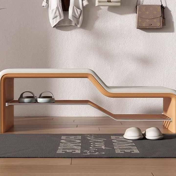 Moderne minimalistische Schuhbank aus Schwamm, Kunstleder, Massivholz und Metall, rechteckig, ohne Armlehnen, für den Eingangsbereich 