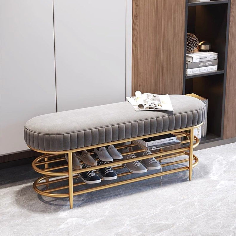 Contemporary Scandinavian Oval Velvet Sponge Iron Shoe Bench Armless For Entryways