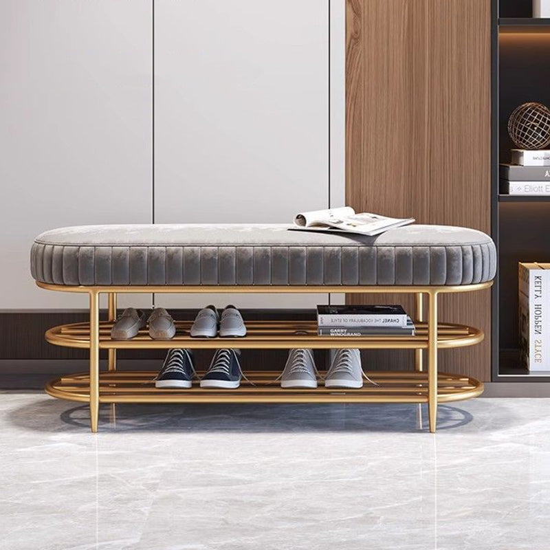 Contemporary Scandinavian Oval Velvet Sponge Iron Shoe Bench Armless For Entryways