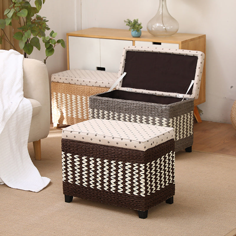 Traditional Rustic Paper Vine Wood Linen Fabric Sponge Rectangular Footstool Armless For Entryways