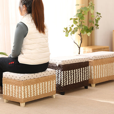Traditional Rustic Paper Vine Wood Linen Fabric Sponge Rectangular Footstool Armless For Entryways
