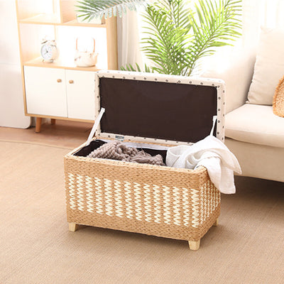Traditional Rustic Paper Vine Wood Linen Fabric Sponge Rectangular Footstool Armless For Entryways