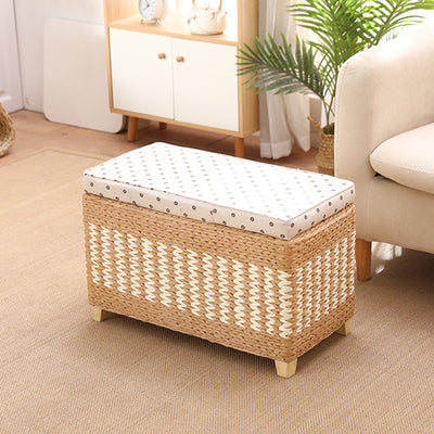 Traditional Rustic Paper Vine Wood Linen Fabric Sponge Rectangular Footstool Armless For Entryways
