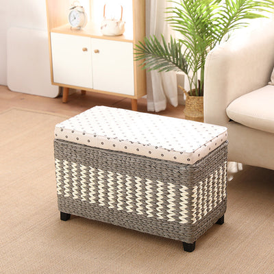 Traditional Rustic Paper Vine Wood Linen Fabric Sponge Rectangular Footstool Armless For Entryways