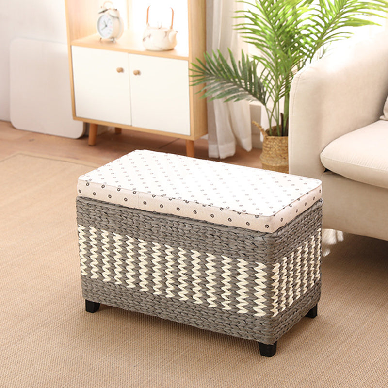 Traditional Rustic Paper Vine Wood Linen Fabric Sponge Rectangular Footstool Armless For Entryways