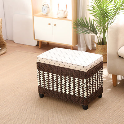 Traditional Rustic Paper Vine Wood Linen Fabric Sponge Rectangular Footstool Armless For Entryways