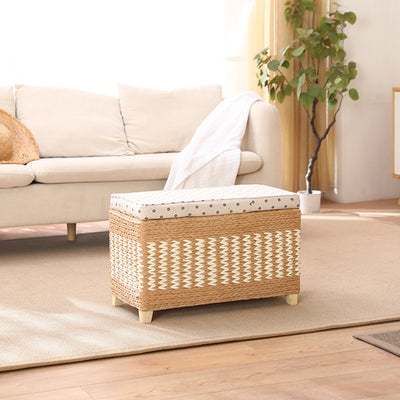 Traditional Rustic Paper Vine Wood Linen Fabric Sponge Rectangular Footstool Armless For Entryways