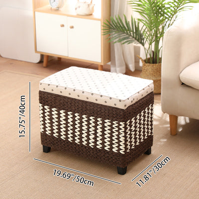 Traditional Rustic Paper Vine Wood Linen Fabric Sponge Rectangular Footstool Armless For Entryways