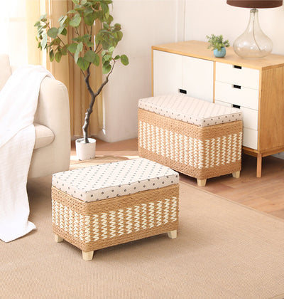 Traditional Rustic Paper Vine Wood Linen Fabric Sponge Rectangular Footstool Armless For Entryways