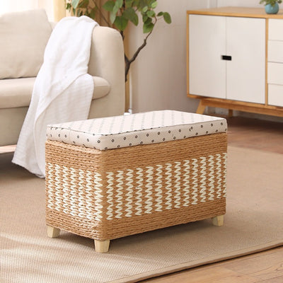 Traditional Rustic Paper Vine Wood Linen Fabric Sponge Rectangular Footstool Armless For Entryways