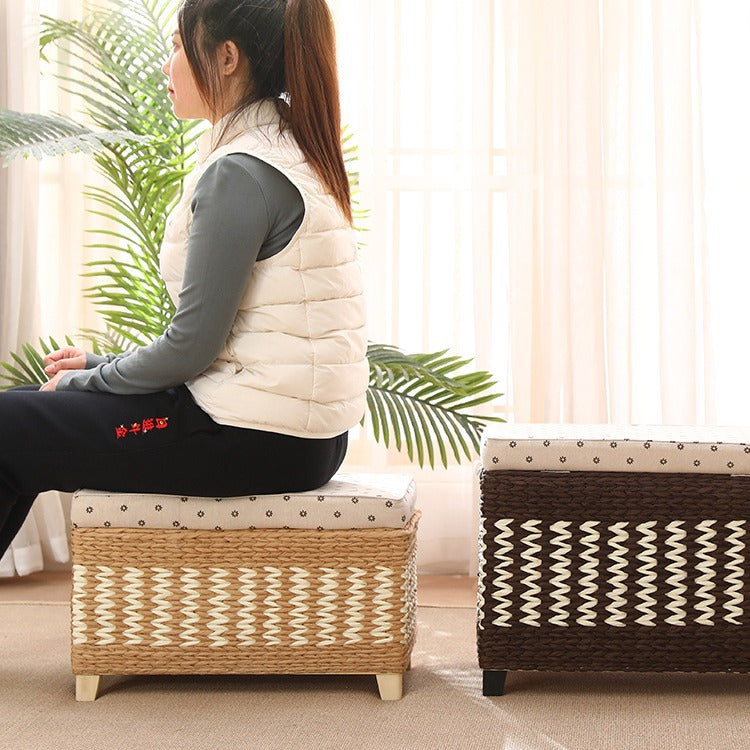 Traditional Rustic Paper Vine Wood Linen Fabric Sponge Rectangular Footstool Armless For Entryways