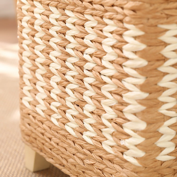 Traditional Rustic Paper Vine Wood Linen Fabric Sponge Rectangular Footstool Armless For Entryways