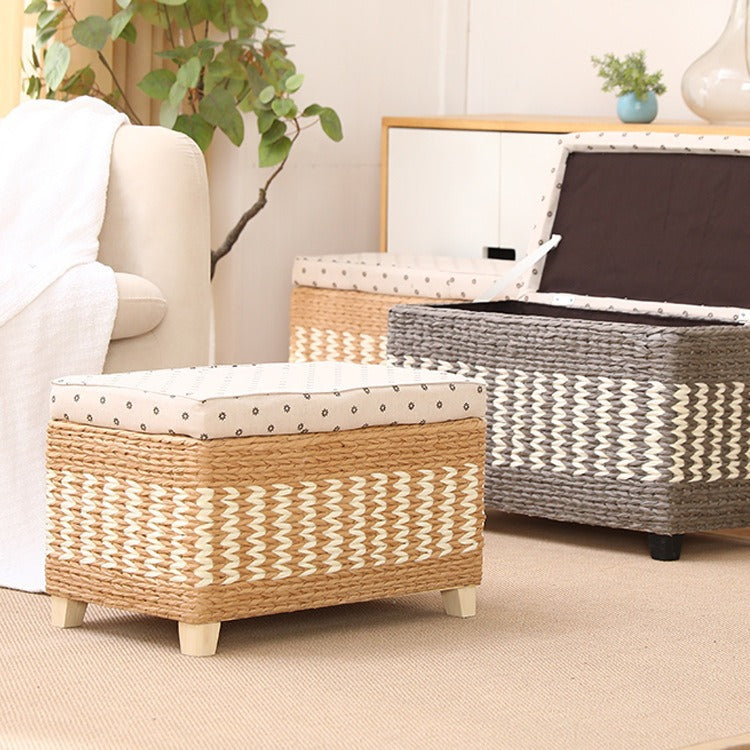 Traditional Rustic Paper Vine Wood Linen Fabric Sponge Rectangular Footstool Armless For Entryways