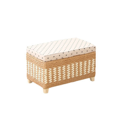 Traditional Rustic Paper Vine Wood Linen Fabric Sponge Rectangular Footstool Armless For Entryways
