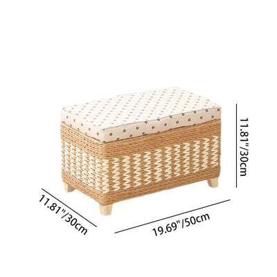 Traditional Rustic Paper Vine Wood Linen Fabric Sponge Rectangular Footstool Armless For Entryways