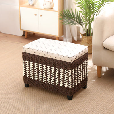Traditional Rustic Paper Vine Wood Linen Fabric Sponge Rectangular Footstool Armless For Entryways