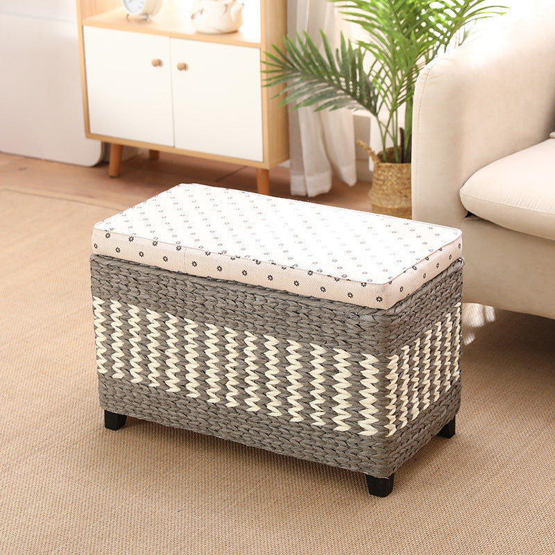 Traditional Rustic Paper Vine Wood Linen Fabric Sponge Rectangular Footstool Armless For Entryways