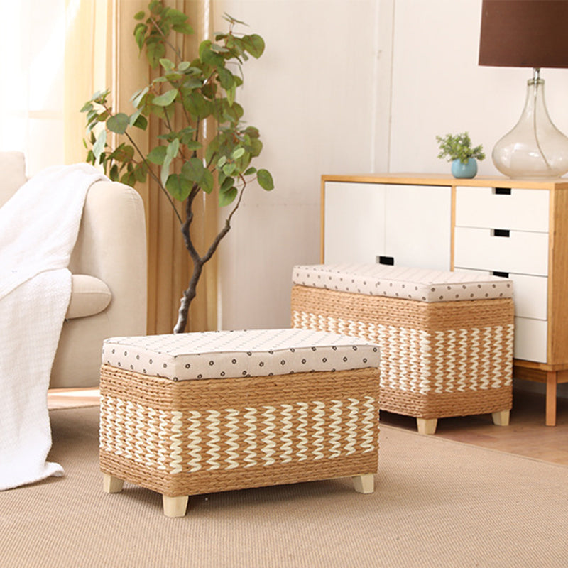 Traditional Rustic Paper Vine Wood Linen Fabric Sponge Rectangular Footstool Armless For Entryways