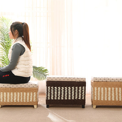 Traditional Rustic Paper Vine Wood Linen Fabric Sponge Rectangular Footstool Armless For Entryways