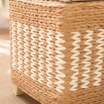Traditional Rustic Paper Vine Wood Linen Fabric Sponge Rectangular Footstool Armless For Entryways
