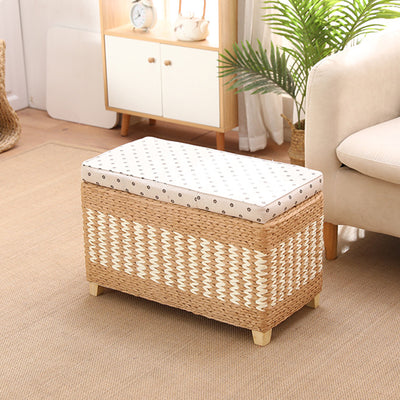 Traditional Rustic Paper Vine Wood Linen Fabric Sponge Rectangular Footstool Armless For Entryways