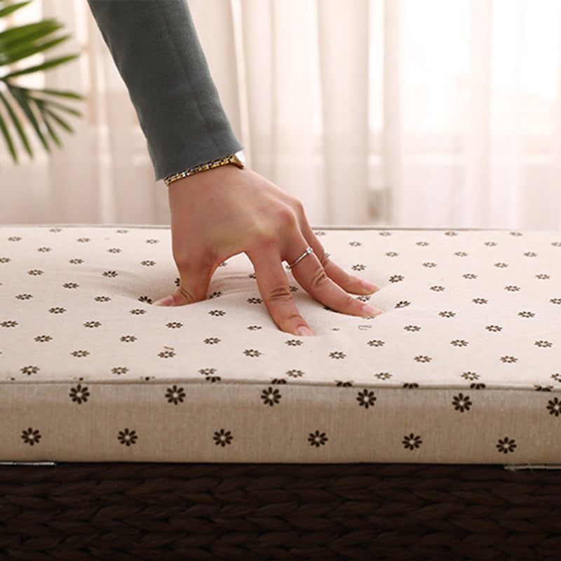 Traditional Rustic Paper Vine Wood Linen Fabric Sponge Rectangular Footstool Armless For Entryways