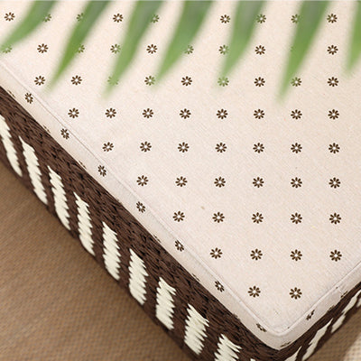 Traditional Rustic Paper Vine Wood Linen Fabric Sponge Rectangular Footstool Armless For Entryways