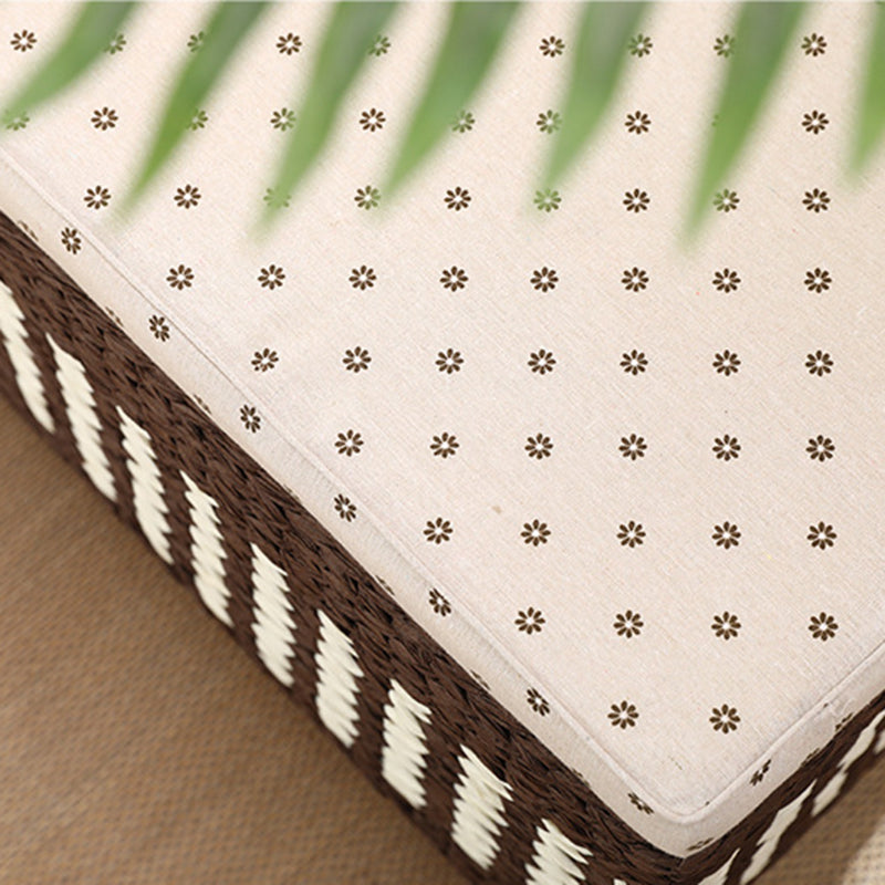 Traditional Rustic Paper Vine Wood Linen Fabric Sponge Rectangular Footstool Armless For Entryways