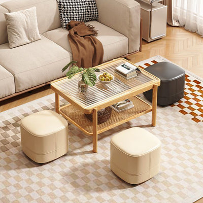 Modern Minimalist Cat-Scratch Leather Sponge Wood Square Low Stool Armless For Living Room