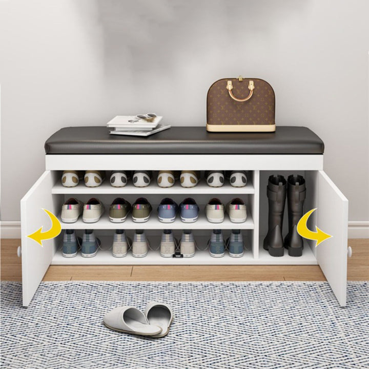 Moderner minimalistischer MDF PU Leder Schwamm Metall rechteckiger Schuhbank ohne Armlehnen für Eingangsbereiche 