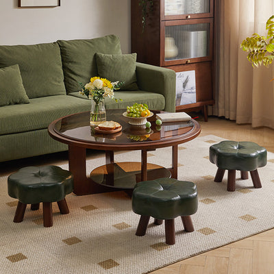 Modern Minimalist Faux Leather Wood Flower Low Stool Backless Armless For Living Room