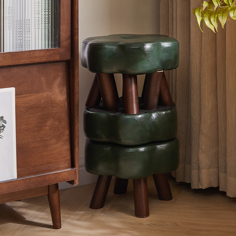 Modern Minimalist Faux Leather Wood Flower Low Stool Backless Armless For Living Room