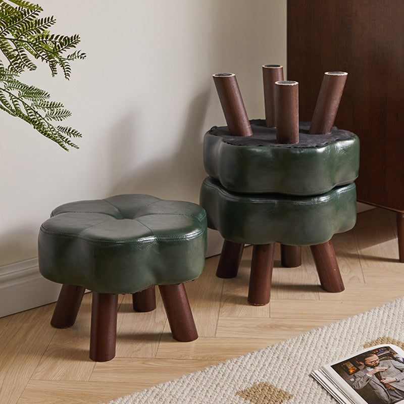 Modern Minimalist Faux Leather Wood Flower Low Stool Backless Armless For Living Room